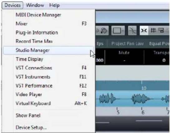MIDI Device Manager Mixer F3 Plug-in Information Record Time Max Studio Manager Time Display VST Connections F4 VST Instruments F11 VST Performance F12 Video Player F8 Virtual Keyboard Alt+K Show Panel Device Setup...