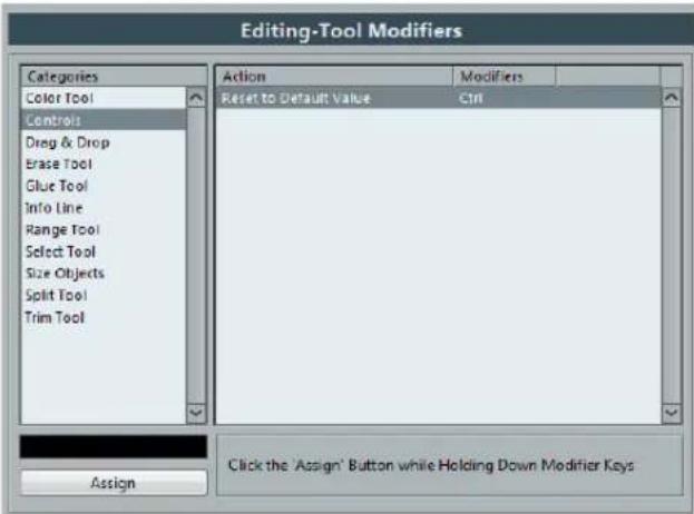 Editing-Tool Modifiers Categories Color Tool Controls Drag & Drop Brase Tool Glue Tool Info Line Range Tool Select Tool Size Objects Split Tool Trim Tool Action Modifiers Reset to Default Value Ctrl Assign Click the 'Assign' Button while Holding Down Modifier Keys
