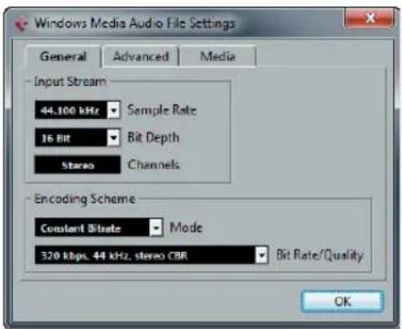 Windows Media Audio File Settings General Advanced Media Input Stream 44.100 kHz Sample Rate 16 BIT Bit Depth Stereo Channels Encoding Scheme Constant Bitrate Mode 320 kbps, 44 kHz, stereo CBR Bit Rate/Quality OK