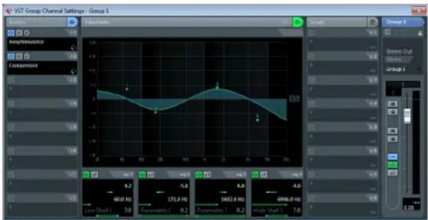 VST Group Channel Settings - Group 1 Amplifier Amperator Compressor Group 1 60.0 Hz 7.0 53.8 Hz 4.8 Hz 3.0 Hz 2.0 Hz 1.0 Hz 0.0 Hz 6946.0 Hz 7.0