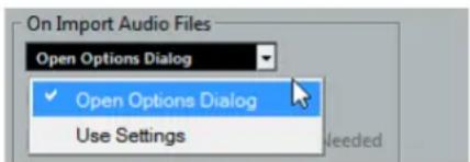 On Import Audio Files Open Options Dialog ✓ Open Options Dialog Use Settings