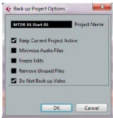 Back up Project Options MTDR 01 Start 03 Project Name ✓ Keep Current Project Active ■ Minimize Audio Files ■ Freeze Edits ■ Remove Unused Files ✓ Do Not Back up Video OK Cancel