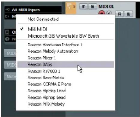 All MIDI Inputs Not Connected MI4 MIDI Microsoft GS Wavetable SW Synth Reason Hardware Interface 1 Reason Melody Automation Reason Mixer 1 Reason BASs Reason RV7000 1 Reason Bass-Matrix Reason CCRMA E Piano Reason HipHop Lead Reason HipHop Lead Reason MTX Melody