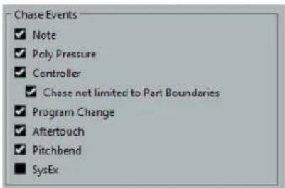 Chase Events ✓ Note ✓ Poly Pressure ✓ Controller ✓ Chase not limited to Part Boundaries ✓ Program Change ✓ Aftertouch ✓ Pitchbend ■ SysEx