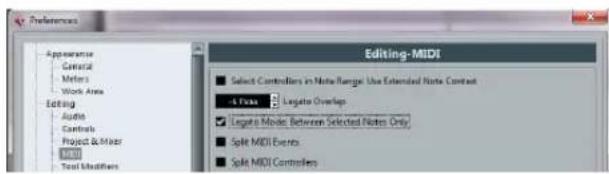 Preferences Appearance General Meters Work Area Editing Audio Controls Project & Mask MIDI Text Identifiers Editing-MIDI Select Controllers in Note Range: Use Extended Note Contact & Frame Logate Overlap Logate Mode Between Selected Notes Only Split MIDI Events Split MIDI Controllers