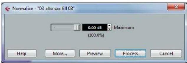 Normalize - "03 alto sax fill 03" 0.00 dB Maximum (100.0%) Help More... Preview Process Cancel