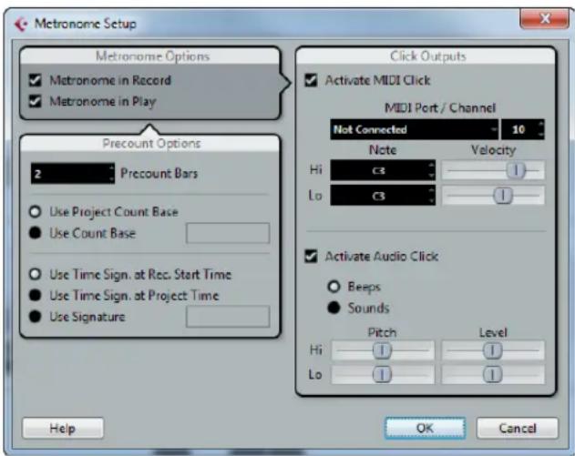 Metronome Setup Metronome Options ✓ Metronome in Record ✓ Metronome in Play Precount Options 2 Precount Bars Use Project Count Base Use Count Base Use Time Sign. at Rec. Start Time Use Time Sign. at Project Time Use Signature Click Outputs ✓ Activate MIDI Click MIDI Port / Channel Not Connected 10 Note Velocity Hi C3 1 Lo C3 1 ✓ Activate Audio Click Beeps Sounds Pitch Level Hi 1 1 Lo 1 1 Help OK Cancel