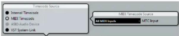 Timecode Source ● Internal Timecode ○ MIDI Timecode ● ASIO Audio Device ● VST System Link MIDI Timecode Source All MIDI Inputs + MTC Input