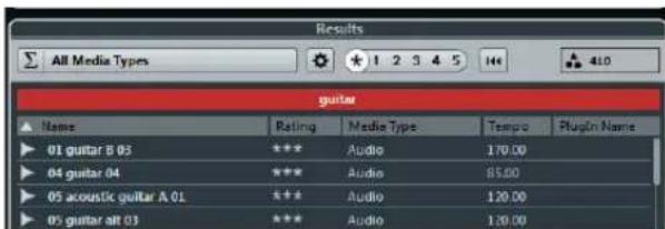 Results All Media Types guitar Name Rating Media Type Tempo Plugin Name 01 guitar B 03 *** Audio 170.00 04 guitar 04 *** Audio 85.00 05 acoustic guitar A 01 *** Audio 120.00 05 guitar alt 03 *** Audio 120.00