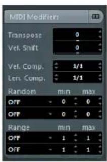 MIDI Modifiers Transpose 0 Vel. Shift 0 Vel. Comp. 1/1 Len. Comp. 1/1 Random min max OFF 0 0 OFF 0 0 Range min max OFF 1 1 OFF 1 1