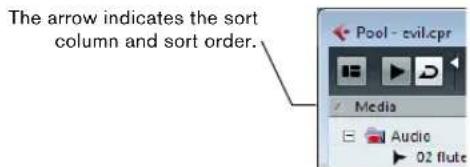 The arrow indicates the sort column and sort order. Pool - evil.cpr Media Audio 02 flute