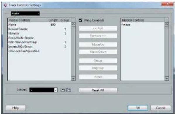 Track Controls Settings Audio Visible Controls Length: Group Name 100 Record Enable 1 Monitor 1 Read/Write-Enable Edit Channel Settings 2 Inserts/EQo/Sends 2 Channel Configuration Wrap Controls << Add Remove >> Move Up Move Down Group Ungroup Reset Hidden Controls Freeze Presets Reset All Help OK Cancel