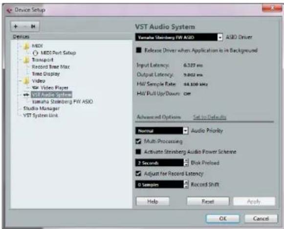 Device Setup + - M VST Audio System Yamaha Steinberg FW ASIO ASIO Driver ■ Release Driver when Application is in Background Input Latency: 6.327 ms Output Latency: 9.802 ms HW Sample Rate: 44.100 kHz HW Pull Up/Down: 0 cm Advanced Options Set to Defaulty Normal Audio Priority ✓ Multi Processing ■ Activate Steinberg Audio Power Scheme 2 Seconds Disk Preload ✓ Adjust for Record Latency 0 Samples Record Shift Help Reset Apply OK Cancel