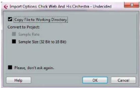 Import Options: Chick Web And His Orchestra - Undecided Copy File to Working Directory Convert to Project: Sample Rate Sample Size (32 Bit to 16 Bit) Please, don't ask again. Help OK Cancel