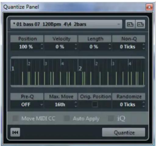 Quantize Panel * 01 bass 07 120Bpm 4\4 2bars Position Velocity Length Non-Q 100 % 0 % 0 % 0 Ticks 1 2 3 4 2 2 3 4 Pre-Q Max. Move Orig. Position Randomize OFF 16th 0 Ticks Move MIDI CC Auto Apply*iQ Quantize