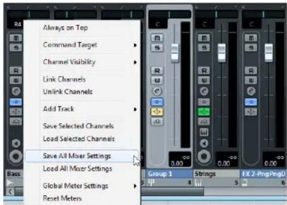 Always on Top Command Target Channel Visibility Link Channels Unlink Channels Add Track Save Selected Channels Load Selected Channels Save All Mixer Settings Load All Mixer Settings Global Meter Settings Reset Meters
