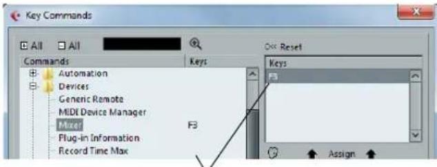 Key Commands All All Commands Automation Devices Generic Remote MDI Device Manager Mixer Plug-in Information Record Time Max OK Reset Keys F3 Assign