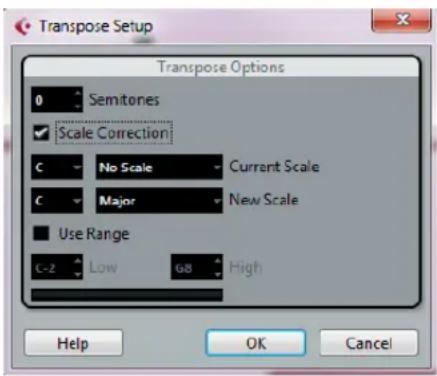 Transpose Setup Transpose Options 0 Semitones ✓ Scale Correction C No Scale Current Scale C Major New Scale Use Range C-Z Low G8 High Help OK Cancel