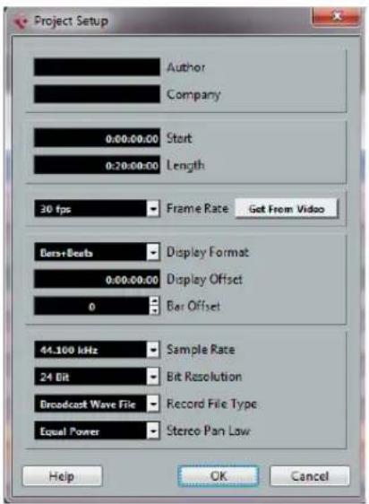 Project Setup Author Company 0:00:00:00 Start 0:20:00:00 Length 30 fps Frame Rate Get From Video Bass+Beats Display Format 0:00:00:00 Display Offset 0 Bar Offset 44.100 kHz Sample Rate 24 Bit Bit Resolution Broadcast Wave File Record File Type Equal Power Stereo Pan Low Help OK Cancel