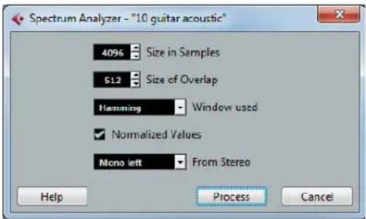 Spectrum Analyzer - "10 guitar acoustic" 4096 Size in Samples 512 Size of Overlap Hamming Window used Normalized Values Mono left From Stereo Help Process Cancel