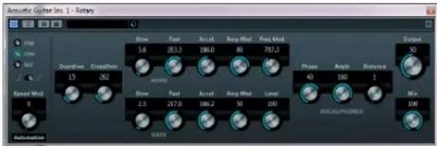 Acoustic Guitar Int. 1 - Rotary Control View View Jell Speed Mod 0 Automatic Ground Cross/Over 15 262 Show Fast Accr. Amp Mod Freq Mod 3.6 283.3 186.0 80 787.3 Action Show Fast Accr. Amp Mod Level 2.5 237.9 186.2 50 100 Phase Angle Balance 40 180 1 Min INCAUPLUMBING Output 30