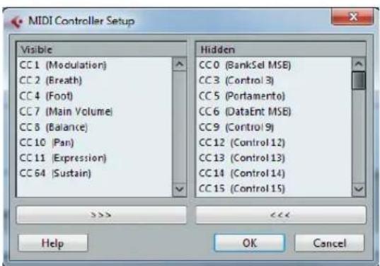 MIDI Controller Setup Visible CC 1 (Modulation) CC 2 (Breath) CC 4 (Foot) CC 7 (Main Volume) CC 8 (Balance) CC 10 (Pan) CC 11 (Expression) CC 64 (Sustain) Hidden CC 0 (BankSel MSE) CC 3 (Control 3) CC 5 (Portamento) CC 6 (DataEnt MSE) CC 9 (Control 9) CC 12 (Control 12) CC 13 (Control 13) CC 14 (Control 14) CC 15 (Control 15) >>> << Help OK Cancel