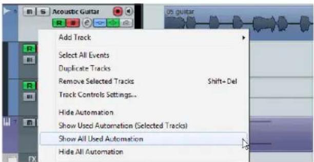 Add Track Select All Events Duplicate Tracks Remove Selected Tracks Shift+ Del Track Controls Settings... Hide Automation Show Used Automation (Selected Tracks) Show All Used Automation Hide All Automation