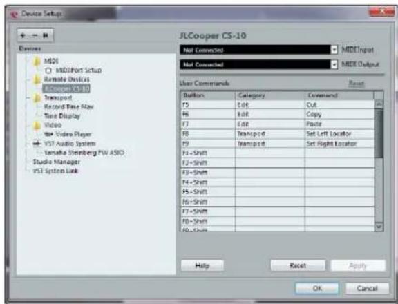 Device Setup JLCooper CS-10 Not Connected MIDE Input Not Connected MIDE Output User Commands Button Category Command F5 Edit Cut F6 Edit Copy F7 Edit Paste F8 Transport Set Left Locator F9 Transport Set Right Locator F12=Shift F13=Shift F14=Shift F15=Shift F16=Shift F17=Shift F18=Shift Help Reset Apply OK Cancel