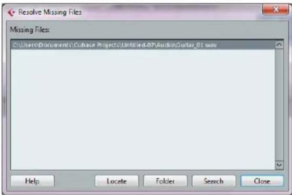 Resolve Missing Files Missing Files C:\Users\Documents\Cubase Projects\Untitled-07\AudioGuitar_01.wwg Help Locate Folder Search Close