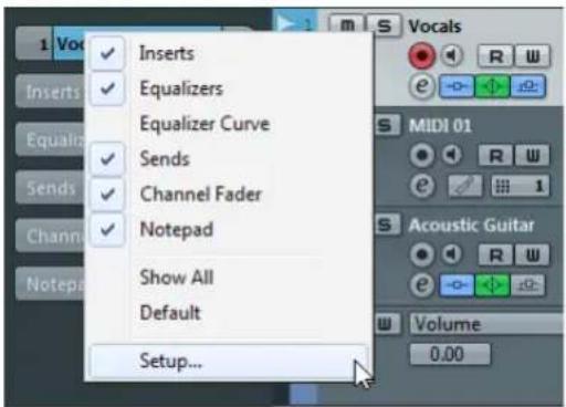 1 V Inserts Equalizers Equalizer Curve Sends Channel Fader Notepad Show All Default Setup... MIS Vocals R W e MIDI 01 R W e Acoustic Guitar R W e Volume 0.00