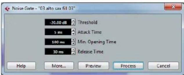 Noise Gate - "03 alto sax fill 03" -20.00 dB Threshold 5 ms Attack Time 100 ms Min. Opening Time 30 ms Release Time Help More... Preview Process Cancel