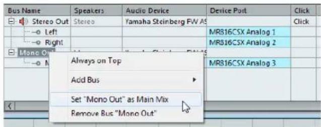 Bus Name Stereo Out Left Right Mono Out Always on Top Add Bus Set "Mono Out" as Main Mix Remove Bus "Mono Out" Device Port MR816CSX Analog 1 MR816CSX Analog 2 MR816CSX Analog 3