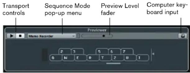 Transport controls Sequence Mode pop-up menu Preview Level fader Computer key-board input Previewer Memo Recorder 2 3 5 6 7 0 H E R T Z U I