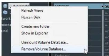 Refresh Views Rescan Disk Create new folder Show in Explorer Unmount Volume Database... Remove Volume Database...