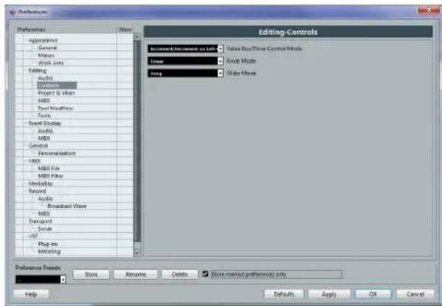 Editing-Controls Recommended/Environment as Left Value Set/Time Control Mode Linear Mode Mode Display Display Mode Output MIDI General Personalization MIDI MIDI File MIDI Filter Modality Record Audio Broadcast Wave MIDI Transport Send VST Plug-in Modeling Preference Options Store Resume Delete Store marked/performers only Help Defaults Apply OK Cancel