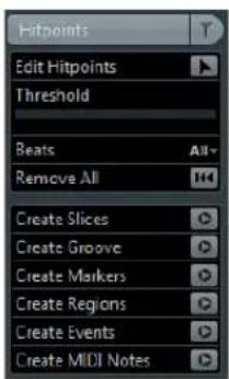 Hitpoints Edit Hitpoints Threshold Beats All Remove All Create Slices Create Groove Create Markers Create Regions Create Events Create MIDI Notes