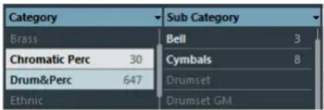 Category Brass Chromatic Perc 30 Drum&Perc 647 Ethnic Sub Category Bell 3 Cymbals 8 Drumset Drumset GM