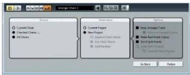 Anfang Chain 2 Source Current Chain Checked Chains ... All Chains Destination Current Project New Project Appeal Chain Name Use Chain Name Add Number Options Keep ArrangerTrack Exclude Arranger Events Make Real Event Copies Don't Split Events Cancel Make Projects Cancel Make Projects Go Back Flatten