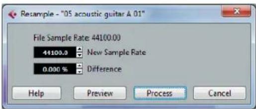 Resample - "05 acoustic guitar A.01" File Sample Rate: 44100.00 44100.0 New Sample Rate 0.000 % Difference Help Preview Process Cancel