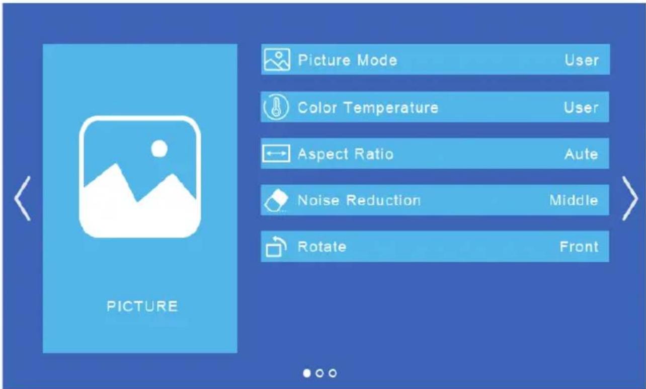 Picture Mode User Color Temperature User Aspect Ratio Aute Noise Reduction Middle Rotate Front