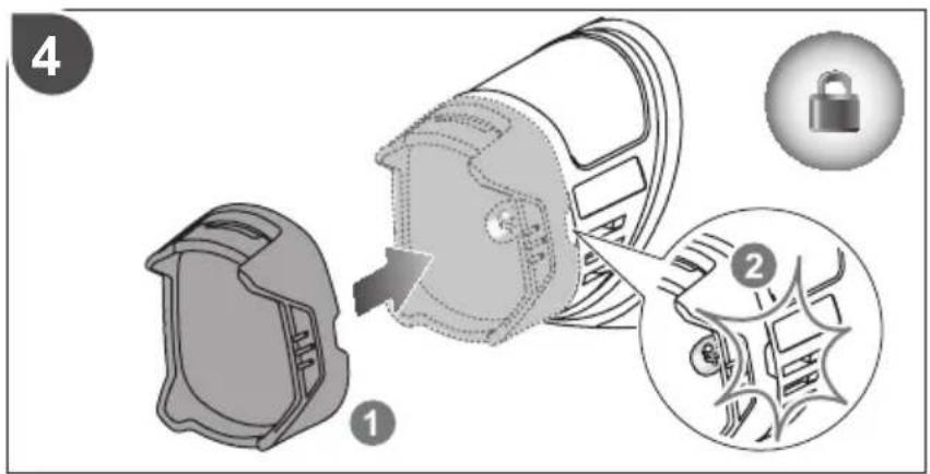 Diagram illustrating a device's internal components with labeled parts and a lock icon, showing steps 1 and 2.