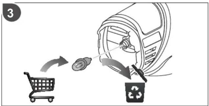 Diagram illustrating a recycling process with a shopping cart, recycling bin, and recycling symbol