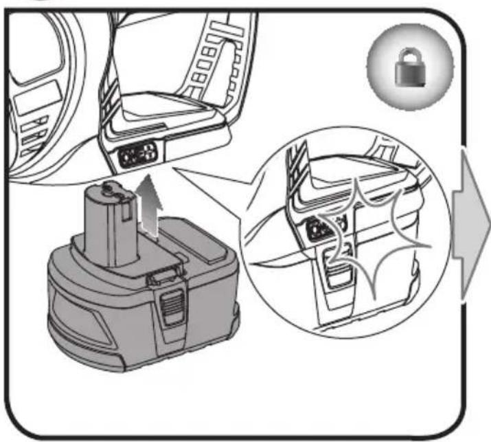 Diagram illustrating the installation of a battery into a car, with an icon indicating lock status and a magnified view showing internal components.
