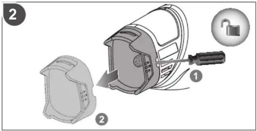 Diagram illustrating a hairdryer tool with labeled parts and an open lock icon, showing step 1 and step 2 of the process.