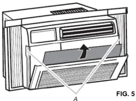 Diagram of an air conditioner unit with airflow direction arrow and label 'FIG. 5' (no text or symbols on diagram itself)