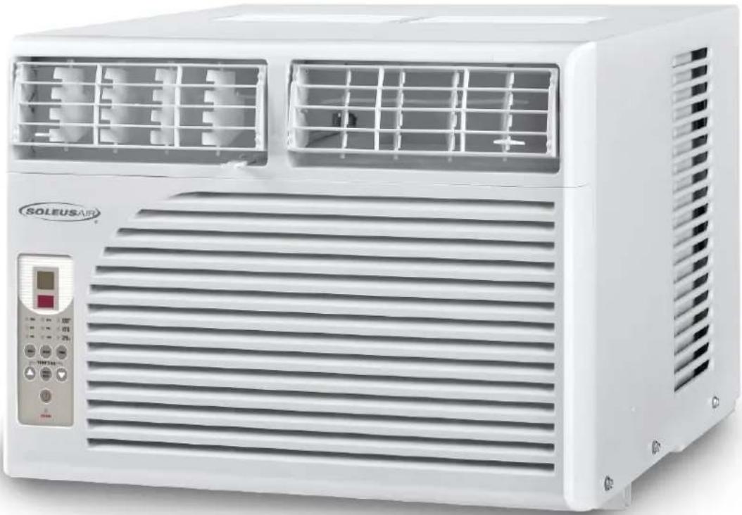 Exterior view of a white SOLEUSA Air air conditioner unit with ventilation grilles and control panel (no visible text or symbols)
