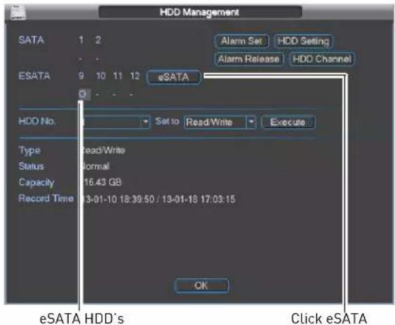 HDD Management SATA 1 2 ESATA 9 10 11 12 eSATA HDD No. 0 Set to Read/Write Execute Type Read/Write Status Normal Capacity 16.43 GB Record Time 13-01-10 18:39:50 / 13-01-18 17:03:15 OK eSATA HDD's Click eSATA