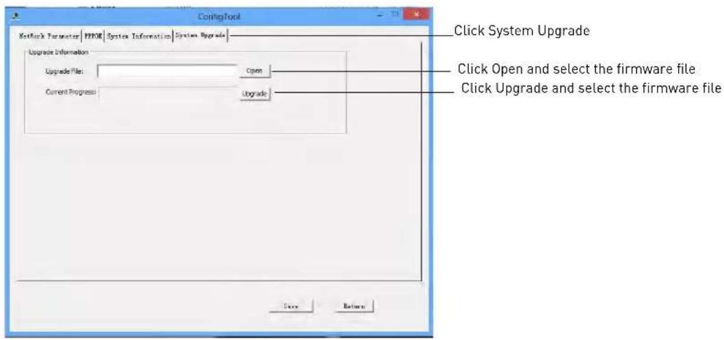 ConfigTool Network Parameter | PPOR | System Information | System Upgrade | Upgrade Information Upgrade File: Current Progress: Upgrade Click System Upgrade Open Upgrade Click Open and select the firmware file Click Upgrade and select the firmware file Save Return