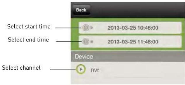 Back Select start time 2013-03-25 10:46:00 Select end time 2013-03-25 11:46:00 Device Select channel nvr