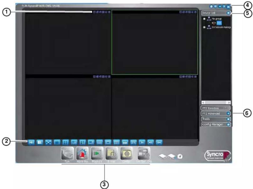 FLIR SyncroIP NVR CM3 V4.06 Device List No group Enter screen remote FTZ Direction FT2 Advanced Tools Config Manager ① ② ③ ④ ⑤ ⑥ SyncroIP Network Solutions